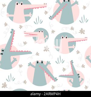 Seamless childish pattern with cute green and pink crocodiles Stock Vector