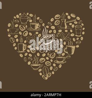Heart shape filled by hand drawn coffee doodles isolated on brown background. Coffee cup, cezve, beans, leaves symbols and lettering. Sketchy vector e Stock Vector