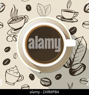 Coffee cup on a saucer flat icon top view. White mug full of coffee on seamless hand drawn background. Vector eps10 illustration. Stock Vector