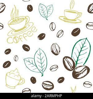 Hand drawn seamless pattern with coffee cups, beans and leaves. Sketchy wrapping texture. Vector eps8 illustration. Stock Vector