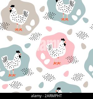 Seamless pattern with chicken cartoon on white background Stock Vector