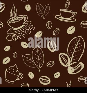 Hand drawn seamless pattern with coffee cups, beans and leaves. Sketchy wrapping texture. Vector eps8 illustration. Stock Vector