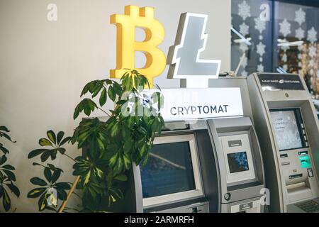 Georgia, Tbilisi, January 26, 2020: A cryptocurrency ATM or crypto machine in a shopping center. Stock Photo