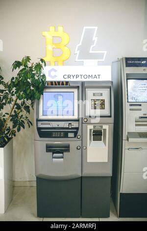 Georgia, Tbilisi, January 26, 2020: A cryptocurrency ATM or crypto machine in a shopping center. Stock Photo