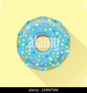 Donut flat style icon. Sweet sugar icing donut in the glaze with sprinkle topping of colorful stars on blue cream. Isolated eps8 vector illustration. Stock Vector
