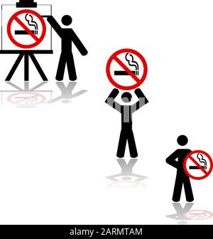 Icon set showing a man displaying a no smoking sign in different ways Stock Vector