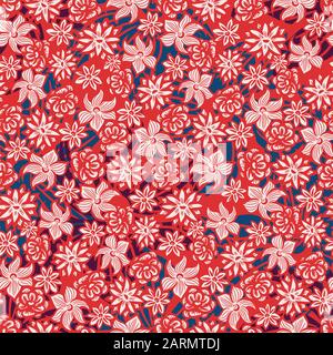 seamless vector pattern with summer flowers, orchids and roses in red, white and navy blue Stock Vector