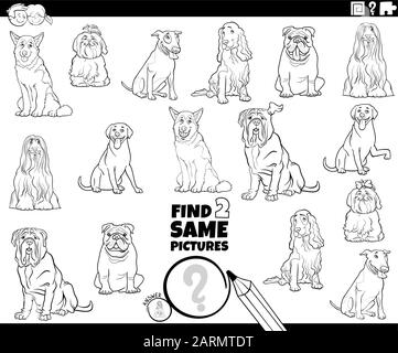 Black and White Cartoon Illustration of Finding Two Same Pictures Educational Game for Children with Funny Purebred Dogs Animal Characters Coloring Bo Stock Vector