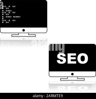 Icon set showing  a computer screen with random icons and the acronym SEO for Search Engine Optimization Stock Vector