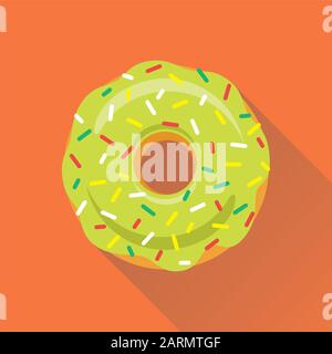 Donut flat style icon. Sweet sugar icing donut in the glaze with topping of colorful sprinkles on light green cream. Isolated eps8 vector illustration Stock Vector