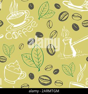 Lovely hand drawn coffee seamless pattern, cute doodle background