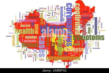 Wuhan coronavirus pandemic concept in word tag cloud on China map isolated on white background. Coronavirus 2019-nCoV outbreak. Stock Photo