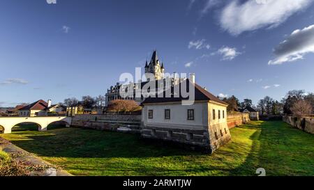 the Grafenegg castle with its neatly cut park bushes on a beautiful sunny day. It holds a yearly classical music festival attracting many tourists Stock Photo