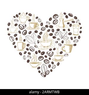 Heart shape filled by hand drawn coffee doodles isolated on white background. Coffee cup, cezve, beans and leaves symbols. Sketchy vector eps8 Stock Vector