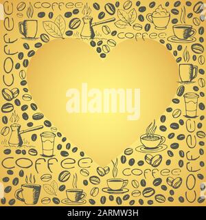 Coffee doodles background with blank heart shape inside. Hand drawn sketchy symbols pattern. Vector eps8 illustration. Stock Vector