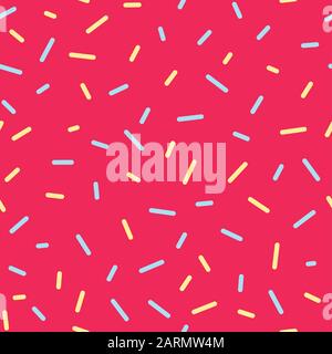 Donut glaze seamless pattern. Cream texture with topping of colorful sprinkles on pink background. Food bakery decoration. Vector eps8 illustration. Stock Vector