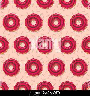 Donut seamless pattern. Sweet sugar icing donuts in the red glaze on pink creamy background. Food bakery decoration. Vector eps8 illustration. Stock Vector