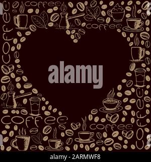 Coffee icons background with blank heart shape inside. Hand drawn sketchy doodles pattern. Vector eps8 illustration. Stock Vector
