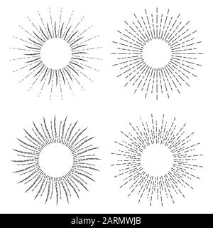 Set of linear drawings of sunshine rays in vintage style. Sunburst isolated on white background. Retro stylized symbols of sun. Collection of sunlight Stock Vector