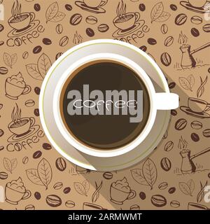 Coffee cup on a saucer flat icon top view with lettering above it. White mug full of coffee on seamless hand drawn background. Vector eps10 illustrati Stock Vector