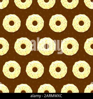 Donut seamless pattern. Sweet sugar icing donuts in the yellow glaze on chocolate creamy background. Food bakery decoration. Vector eps8 illustration. Stock Vector