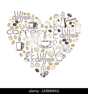 Heart shape filled by hand drawn coffee doodles isolated on white background. Coffee cup, cezve, beans, leaves symbols and lettering. Sketchy vector e Stock Vector