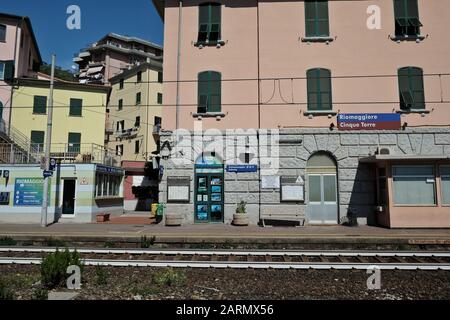 Riomaggiore train station Cinque Terre, five villages of the Italian Riviera and UNESCO World Heritage Site on the Mediterranean sea Stock Photo