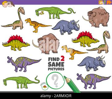 Cartoon Illustration of Finding Two Same Pictures Educational Game for Children with Funny Dinosaurs and Prehistoric Animal Characters Stock Vector