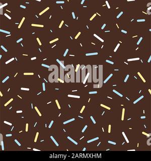 Donut chocolate glaze seamless pattern. Cream texture with topping of colorful sprinkles and beads on brown background. Food bakery decoration. Vector Stock Vector