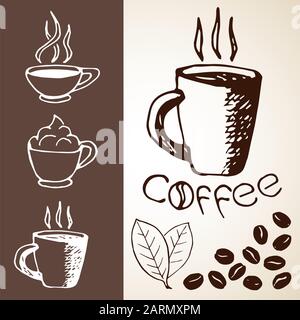 Coffee sketches set. Collection of hand drawn pictures with cups, mugs, beans, leaves and lettering. Can be used for menu design, banners, web etc. Stock Vector