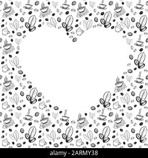 Coffee doodles background with blank heart shape inside. Hand drawn sketchy symbols pattern. Vector eps8 illustration. Stock Vector