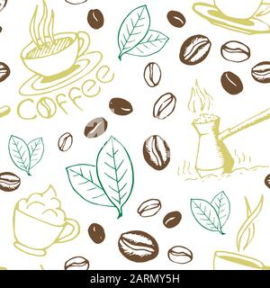 Coffee seamless pattern. Hand drawn repeating background with cups, cezve, beans and leaves. Sketchy wrapping texture. Vector eps8 illustration. Stock Vector