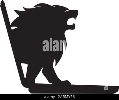 Black lion comes out from laptop screen Stock Vector