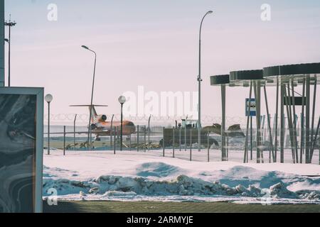 Samara, Russia - March 15, 2019: The plane is parked at the Kurumoch airport in the Samara region Stock Photo