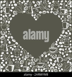 Coffee doodles background with blank heart shape inside. Hand drawn sketchy symbols pattern. Vector eps8 illustration. Stock Vector