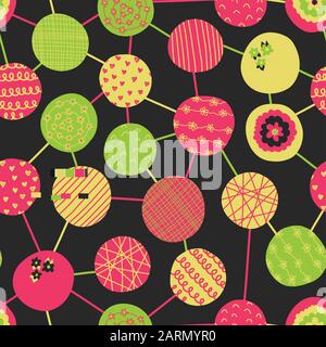 Abstract colorful seamless vector pattern pink green yellow textured circles on black background. Abstract geometric repeating pattern with connected Stock Vector