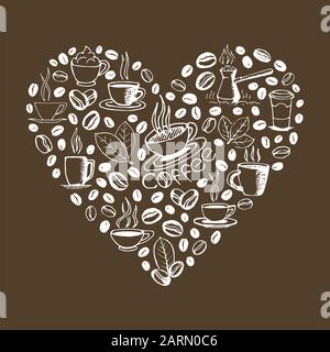 Heart shape filled by hand drawn coffee doodles isolated on brown background. Coffee cup, cezve, beans and leaves symbols. Sketchy vector eps8 Stock Vector