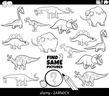 Black and White Cartoon Illustration of Finding Two Same Pictures Educational Game for Children with Funny Dinosaurs and Prehistoric Animal Characters Stock Vector