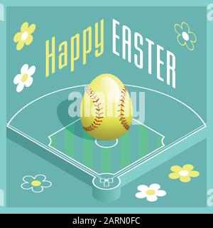 Happy Easter. Greeting card with 3D Easter egg as a softball ball and Isometric softball field. Vector illustration. Stock Vector