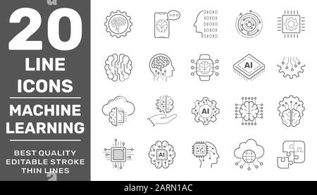 Linear icon set of Data science technology and machine learning process. Editable Stroke. EPS 10 Stock Vector