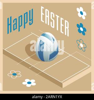 Happy Easter. Greeting card with 3D Easter egg as a volleyball ball and Isometric volleyball court. Vector illustration. Stock Vector