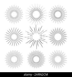 Set of linear drawings of sunshine rays in vintage style. Sunburst isolated on white background. Retro stylized symbols of sun. Collection of sunlight Stock Vector