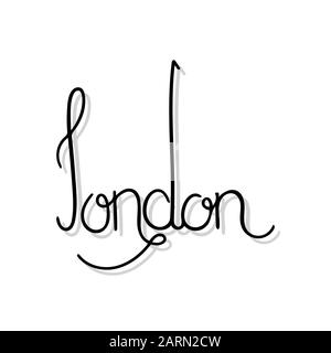 Hand written city name of London. Hand lettering in black color and grey shadow on white background. Stock Vector