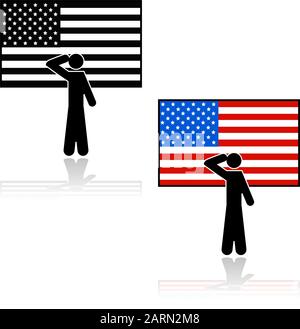 Concept illustration showing a person saluting in front of an American flag Stock Vector