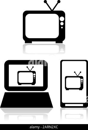 Icon set showing an old television set by itself and also inside a computer and mobile device Stock Vector