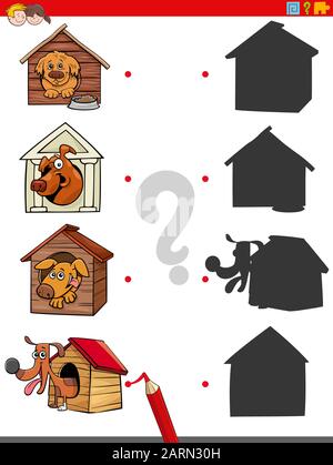 Cartoon Illustration of Match the Right Shadows with Pictures Educational Task for Children with Funny Dogs Animal Characters on the Doghouse Stock Vector