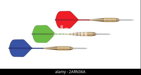 A set of 3 darts with flights in the RGB red green and blue colors set  on a white background Stock Vector