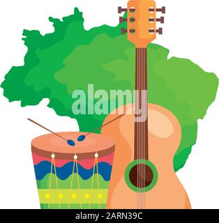 guitar and drum with map of brazil isolated icon Stock Vector Image ...
