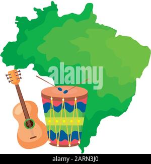 guitar and drum with map of brazil isolated icon Stock Vector Image ...