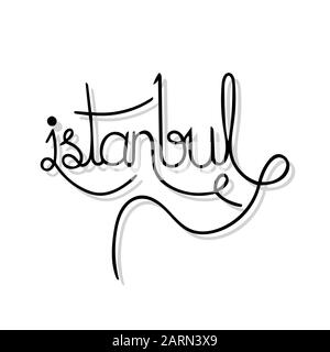 Hand written city name of Istanbul. Hand lettering in black color and grey shadow on white background. Stock Vector